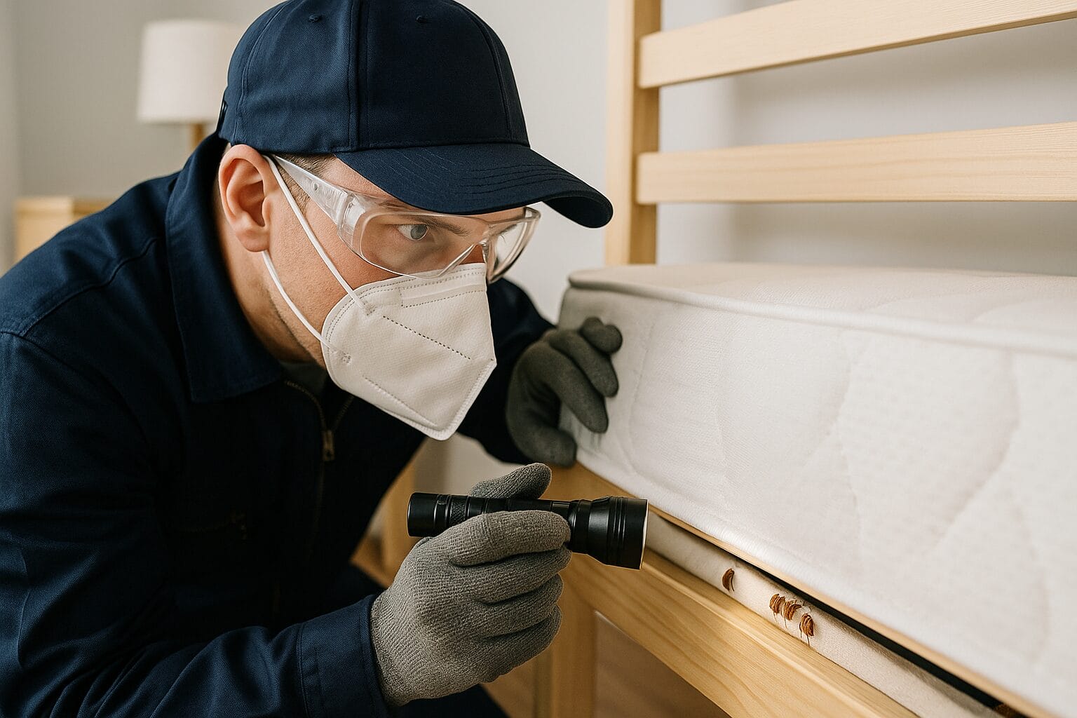Ongediertebestrijder inspecteert zorgvuldig een matras op bedwantsen met zaklamp in een neutrale slaapkamer